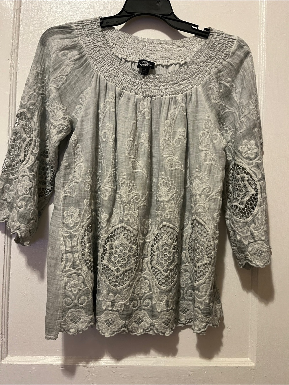 Smocked Neck Embroidered Tunic Top in Light Gray